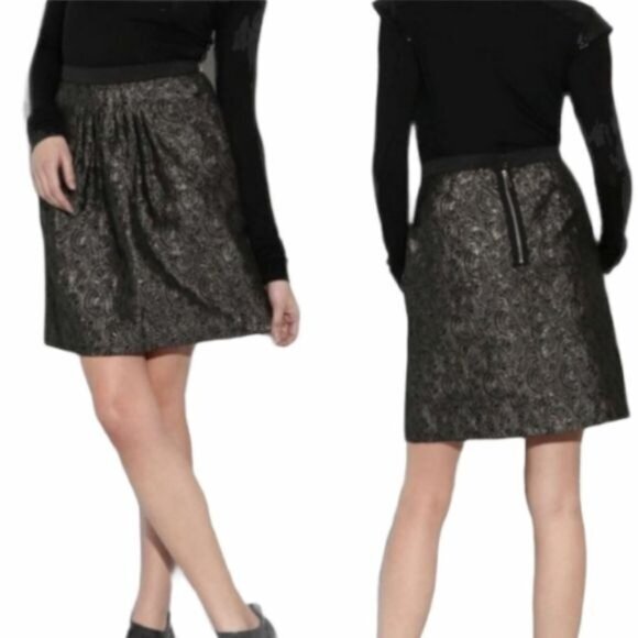 2B.RYCH Womens Skirt SZ 6 Black Gold Metallic Swirl Pleated Lined Knee Zipper - Picture 2 of 10